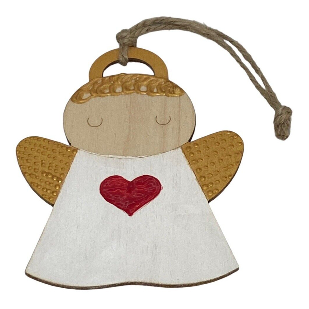 Wood 4 1/2" Christmas Angel Ornament Gold Wings Red Heart Handcrafted Painted